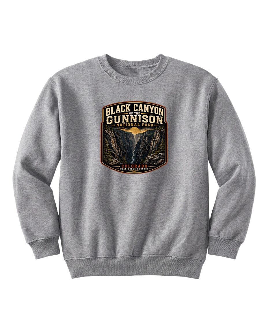 A gray sweatshirt with a graphic design depicting the Black Canyon of the Gunnison National Park.