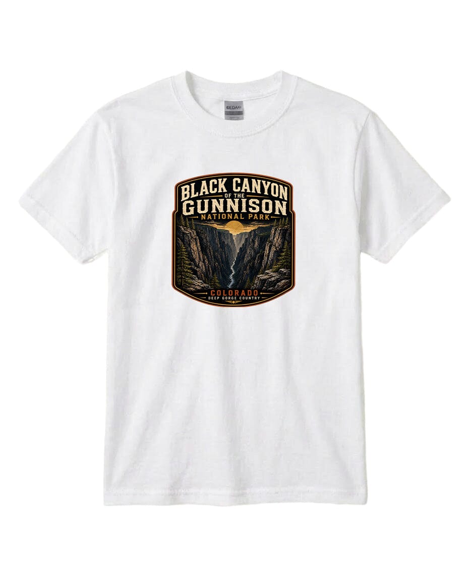 A white t-shirt with a graphic design depicting the Black Canyon of the Gunnison National Park.