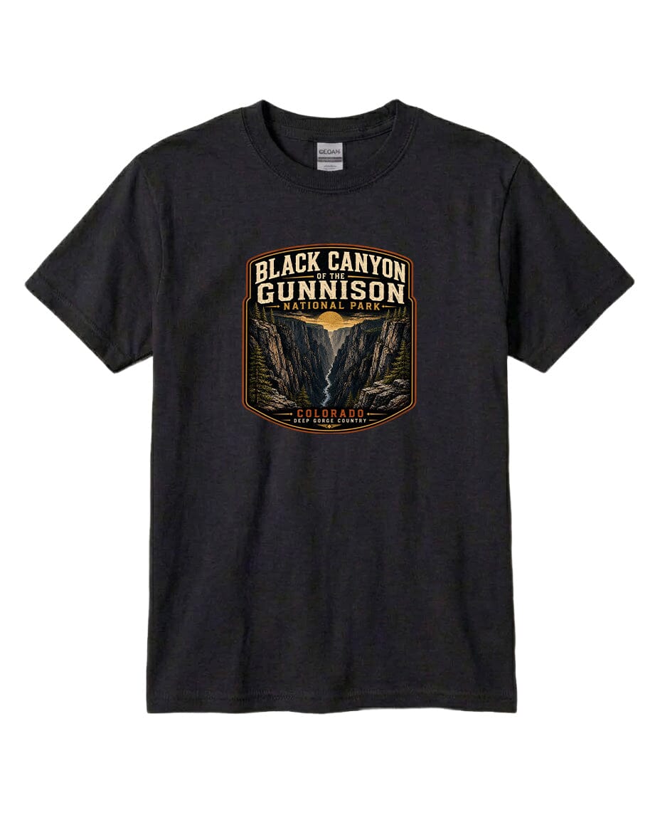 A black t-shirt with a graphic design depicting the Black Canyon of the Gunnison National Park.