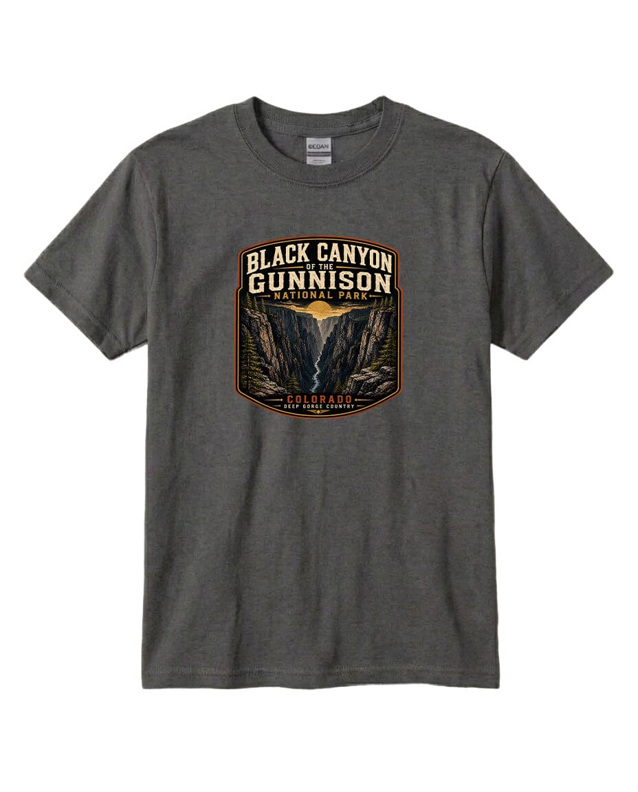 A gray t-shirt with a graphic design depicting the Black Canyon of the Gunnison National Park.