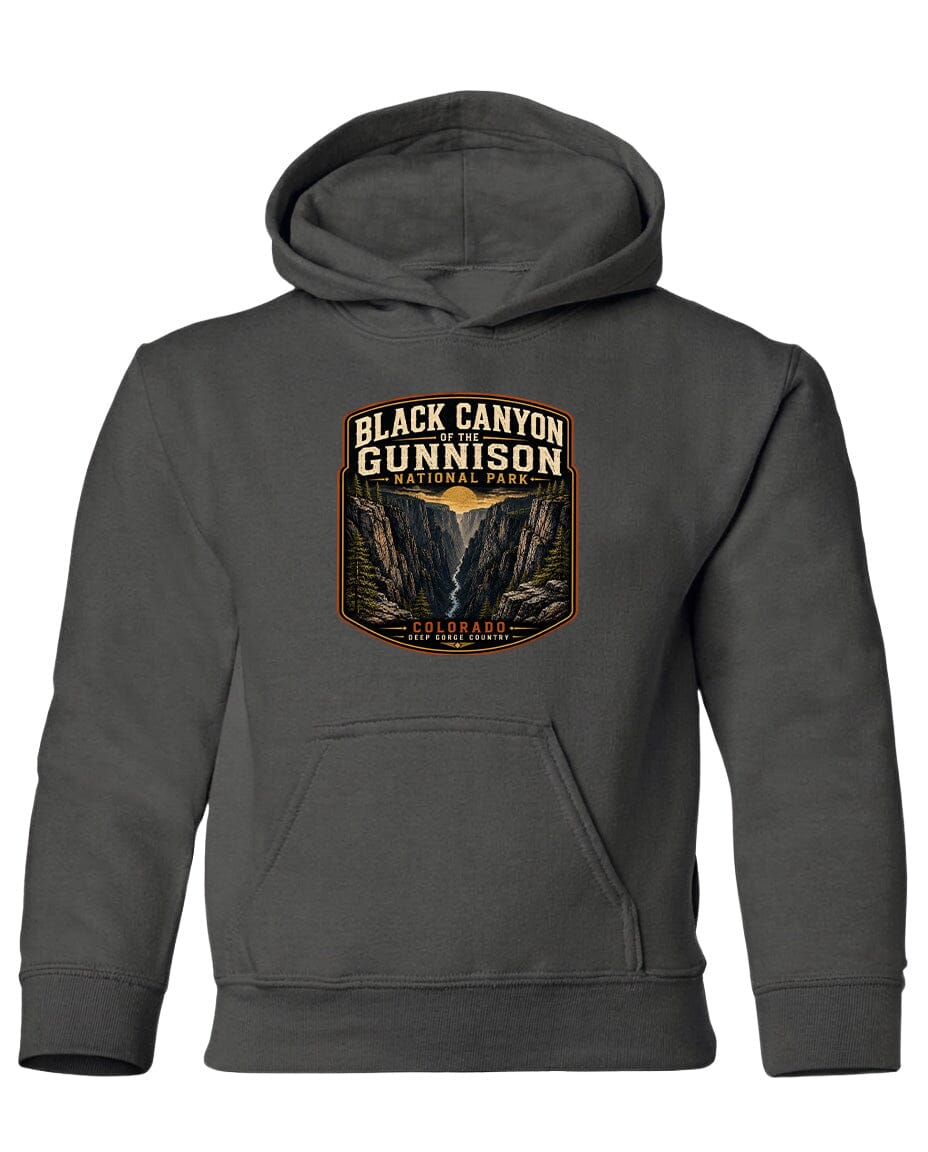 A gray hooded sweatshirt with a graphic design depicting the Black Canyon of the Gunnison National Park.