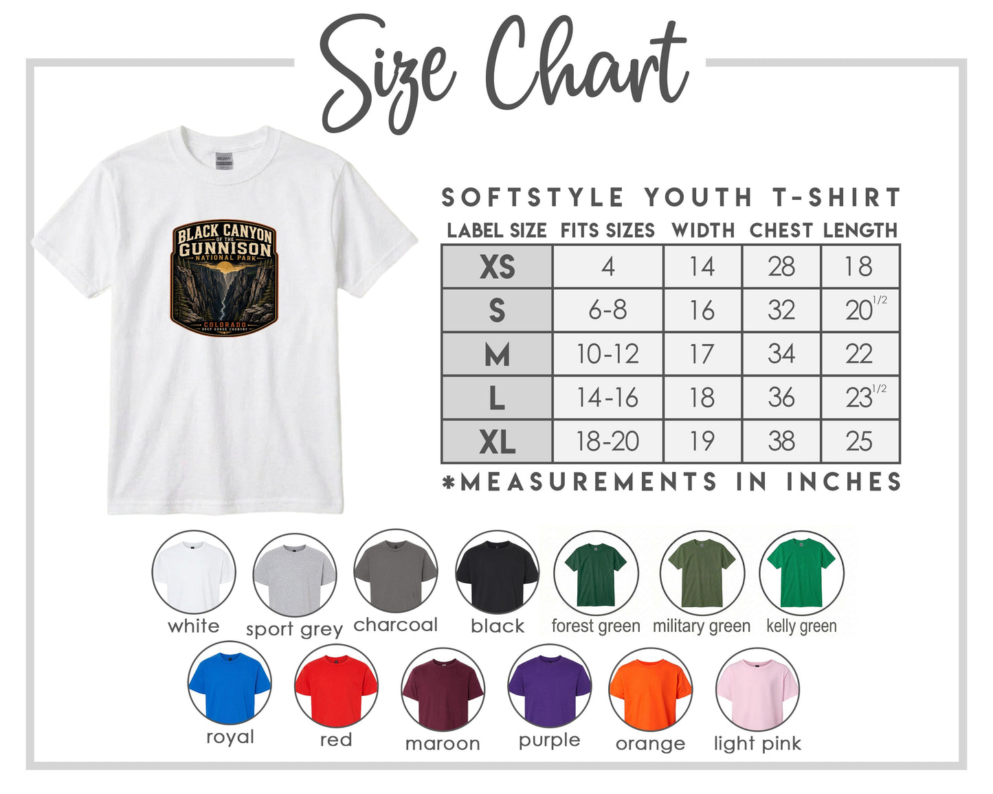The image is a size chart for a softstyle youth t-shirt, providing measurements for different sizes and corresponding t-shirt colors.
