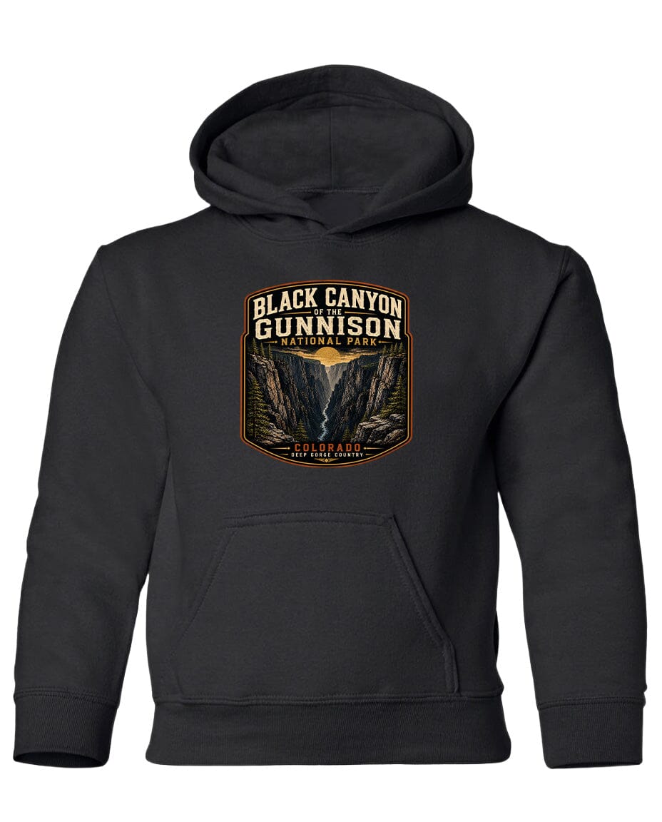 A black hooded sweatshirt with a graphic design depicting the Black Canyon of the Gunnison National Park.