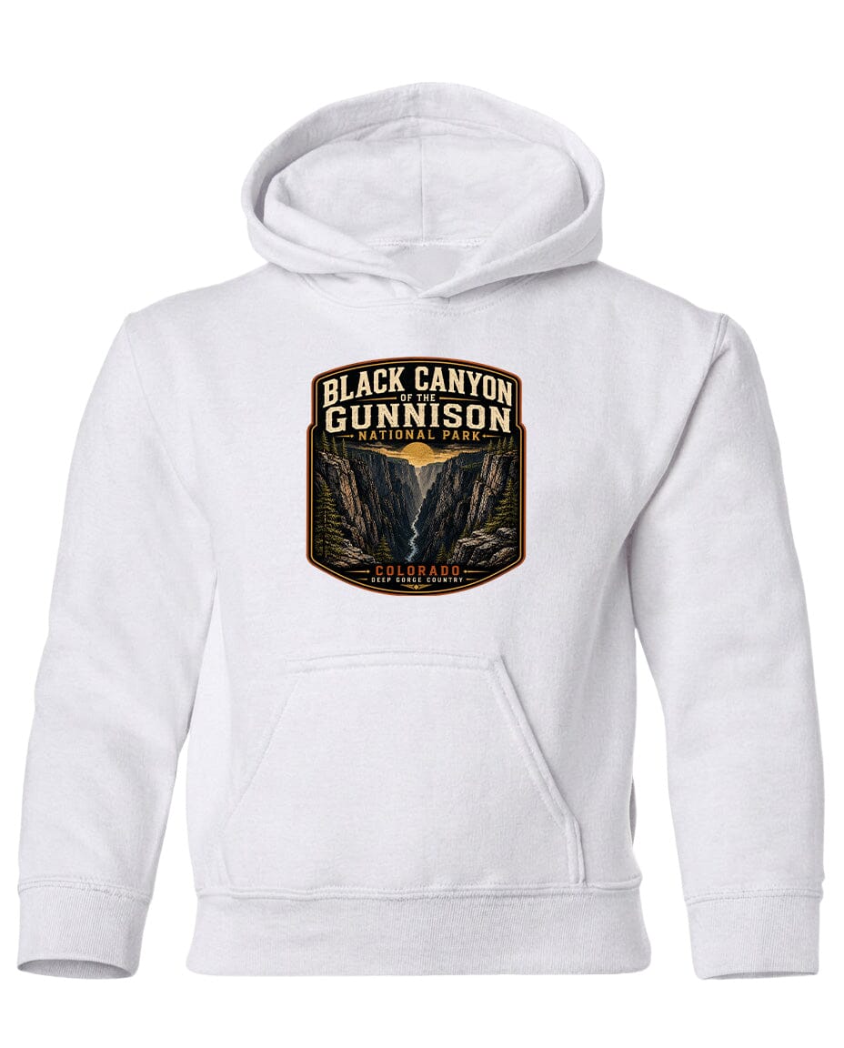 A white hoodie with a graphic design depicting the Black Canyon of the Gunnison National Park.