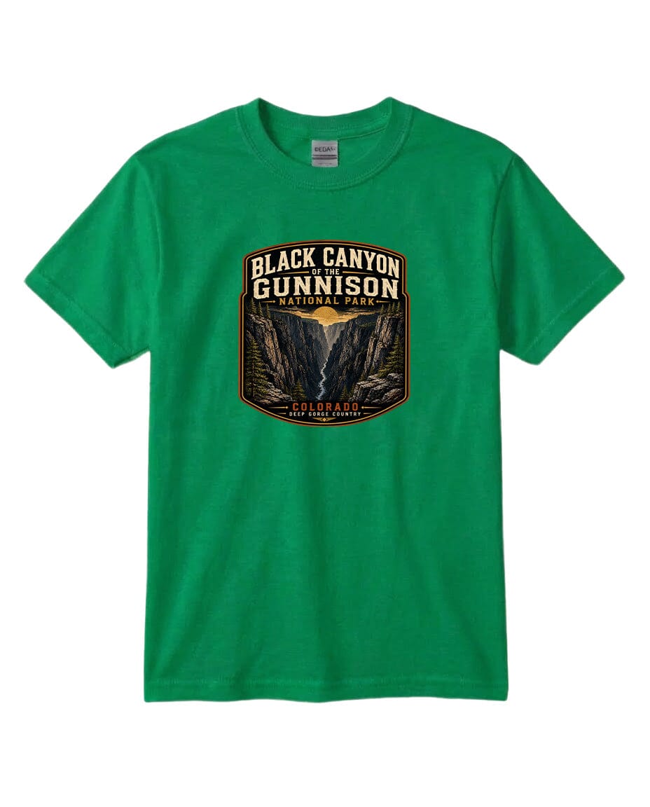 A green t-shirt with a graphic design depicting the Black Canyon of the Gunnison National Park.