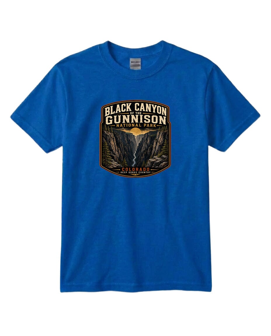 A blue t-shirt with a graphic design depicting the Black Canyon of the Gunnison National Park.