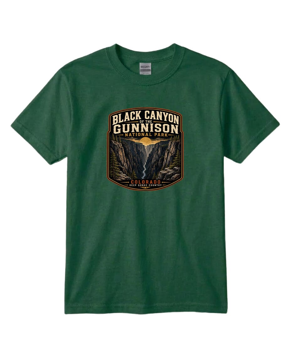 A green t-shirt with a graphic design depicting the Black Canyon of the Gunnison National Park.