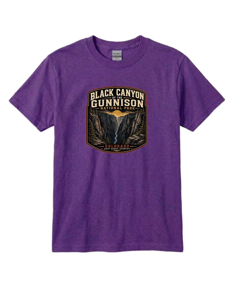 A purple t-shirt with a graphic design depicting the Black Canyon of the Gunnison National Park.
