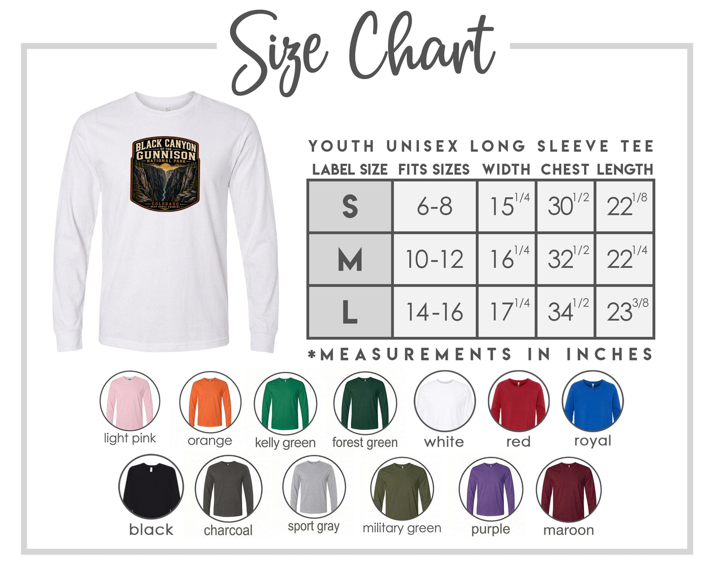 The image is a size chart for a youth unisex long sleeve tee, including various color options and corresponding measurements.