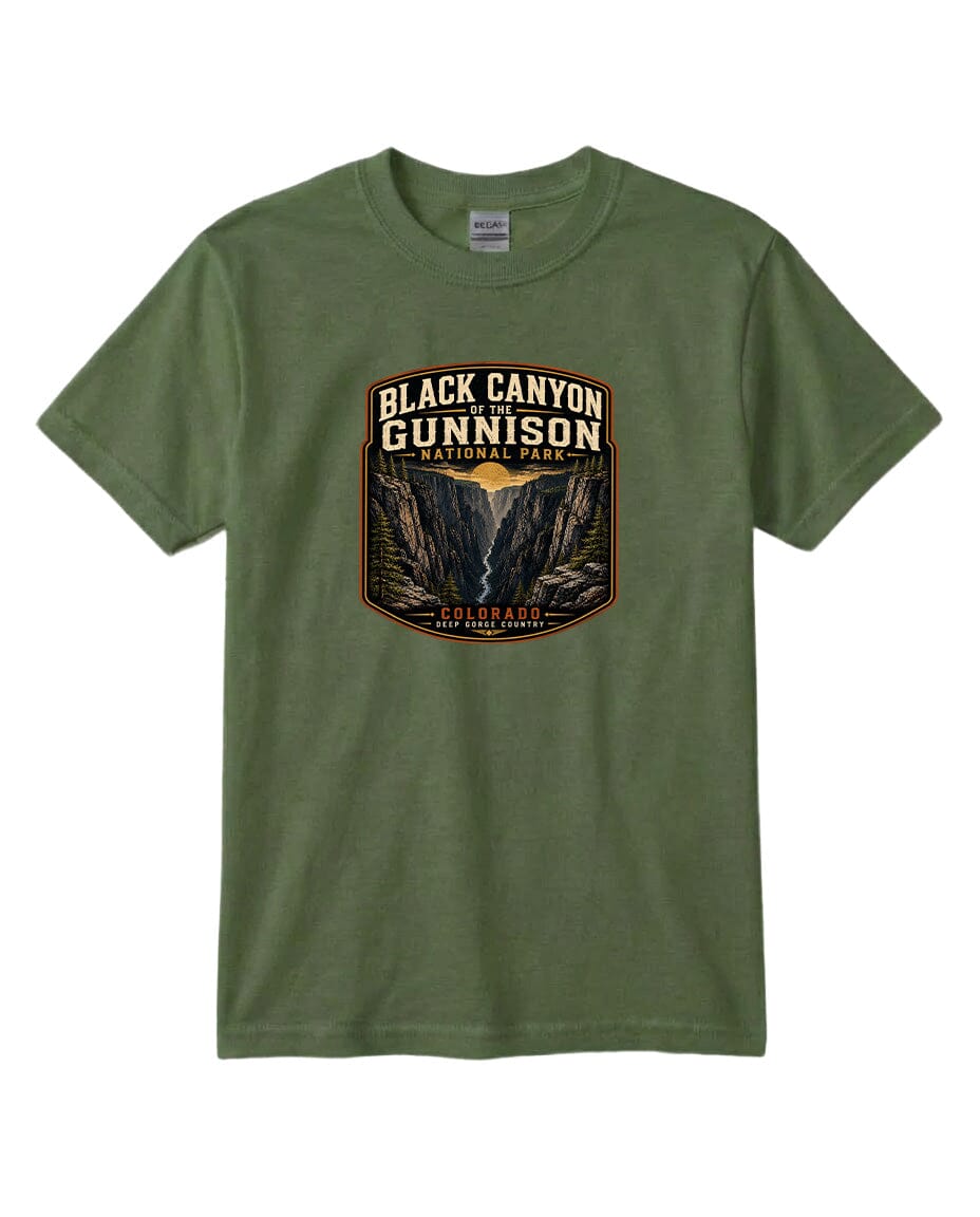 A green t-shirt with a graphic design depicting the Black Canyon of the Gunnison National Park.
