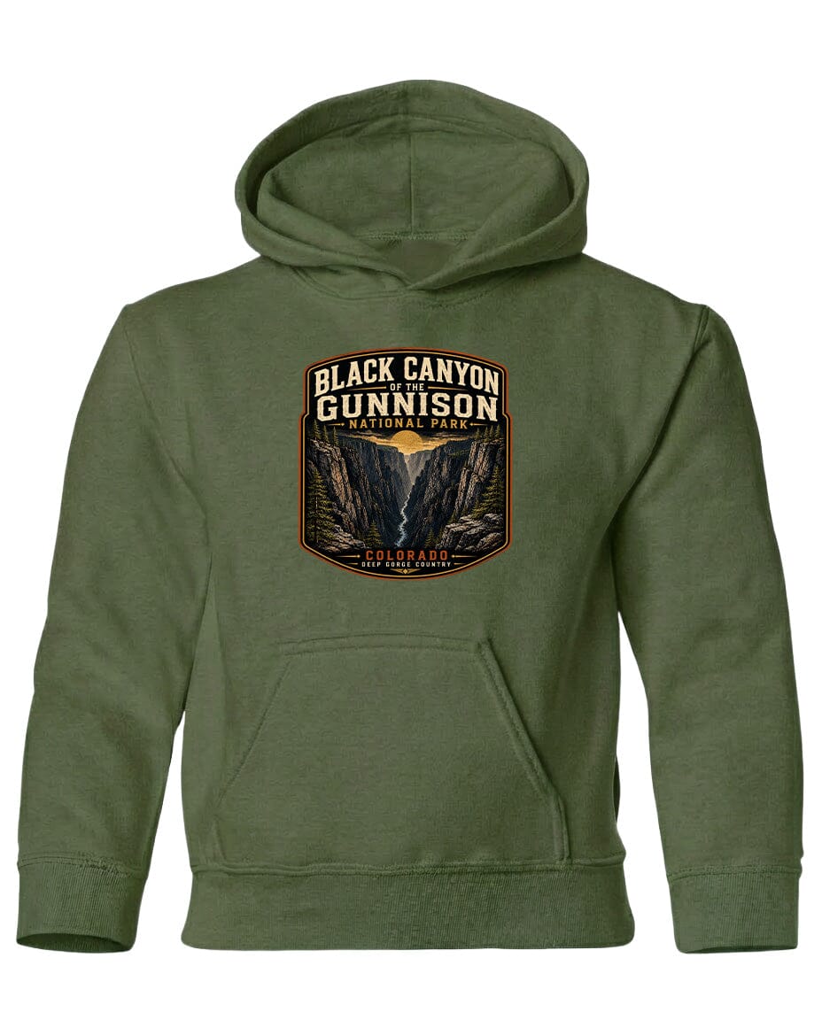 A green hoodie with a graphic design depicting the Black Canyon of the Gunnison National Park.