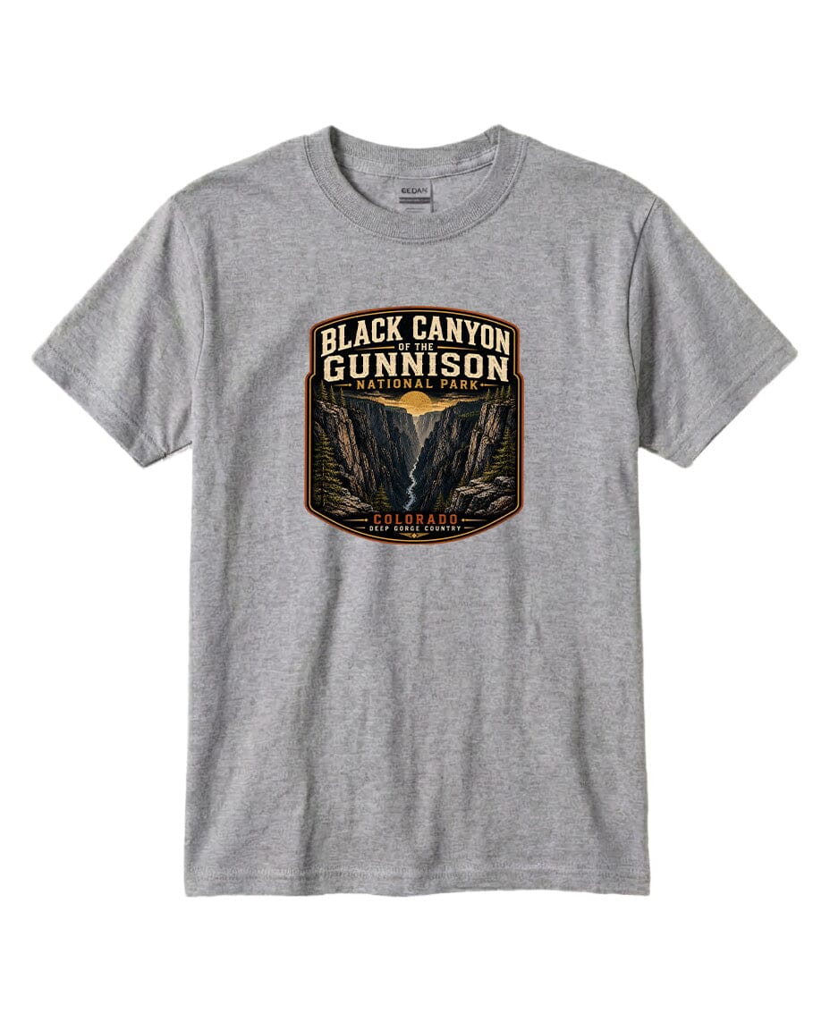 A gray t-shirt with a graphic design depicting the Black Canyon of the Gunnison National Park.