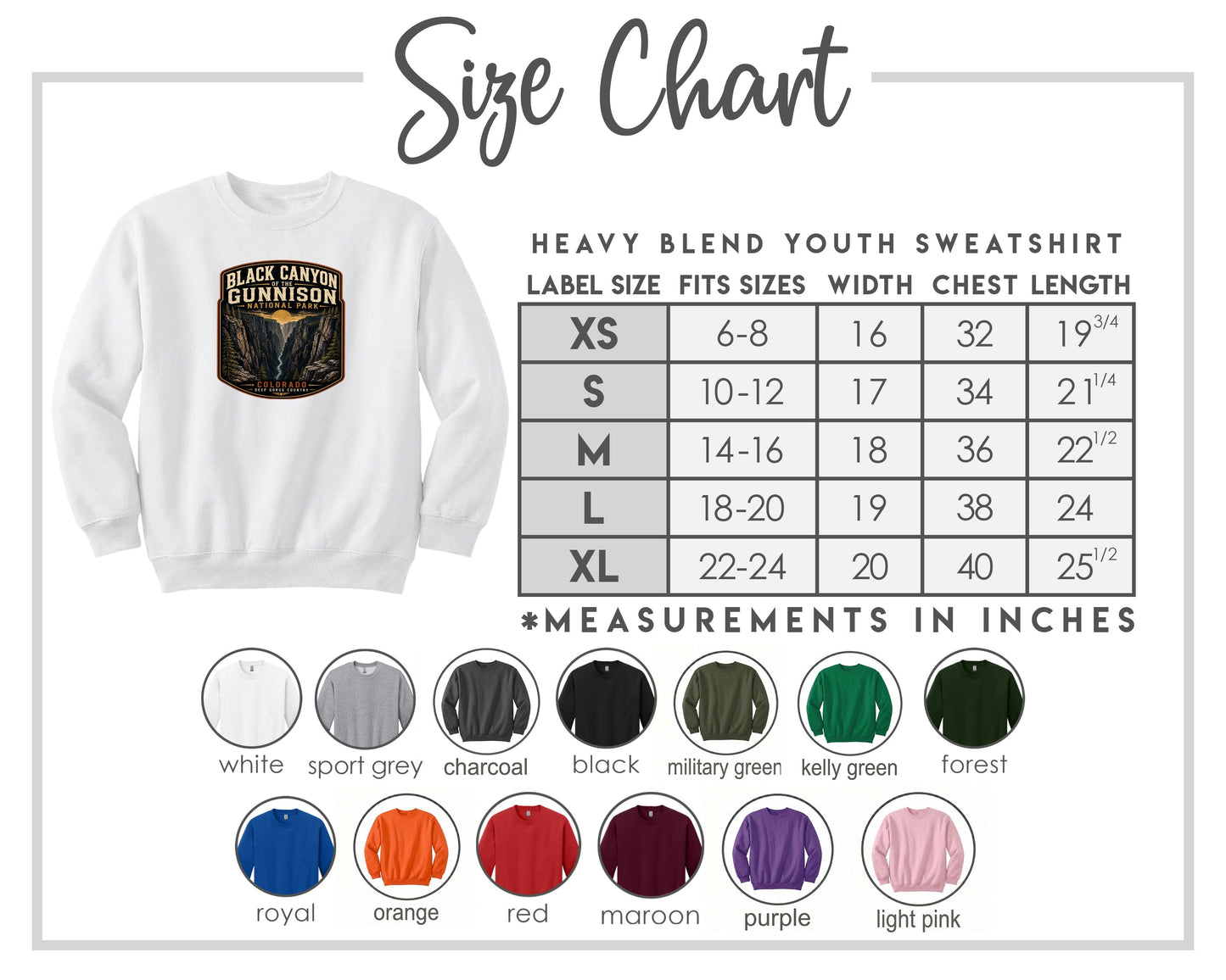 The image is a size chart for a heavy blend youth sweatshirt, including various color options and corresponding measurements in inches.