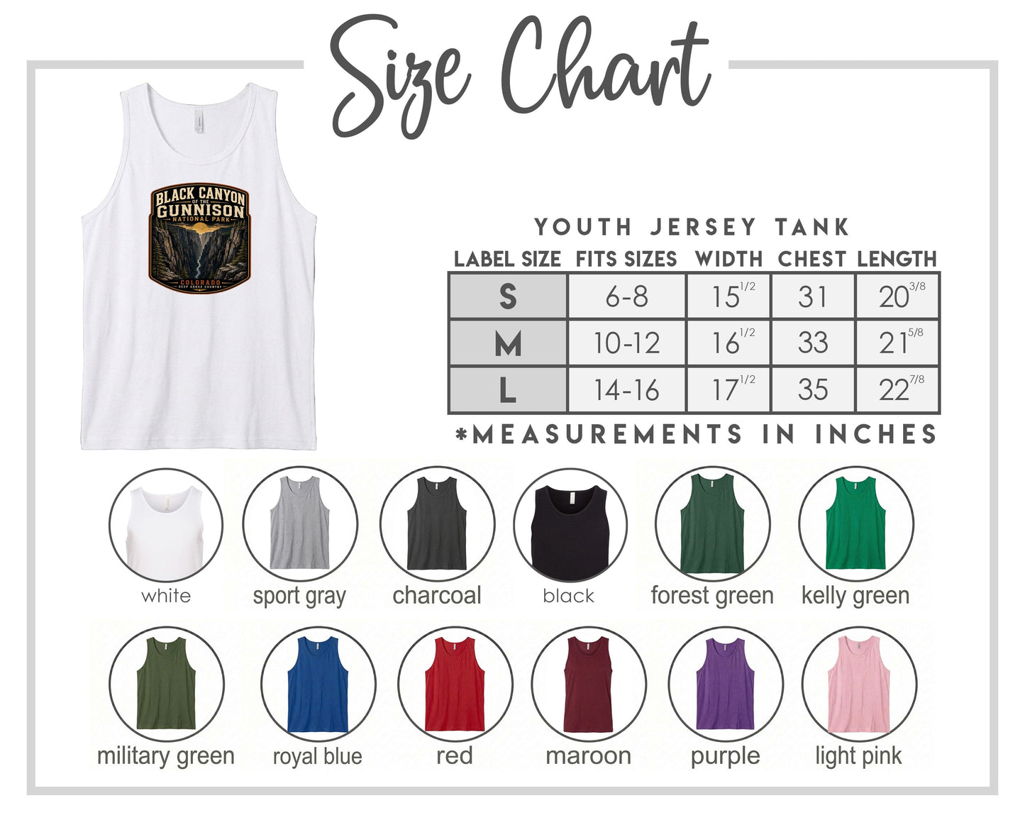 The image is a size chart for a youth jersey tank, displaying various label sizes and corresponding chest measurements. The chart includes a white tank with a label that reads "Black Canyon National Park" and a list of sizes ranging from 6 to 35 inches. There are also color swatches for different jersey colors, such as white, sport gray, charcoal, black, forest green, kiley green, military green, royal blue, red, maroon, purple, and light pink.