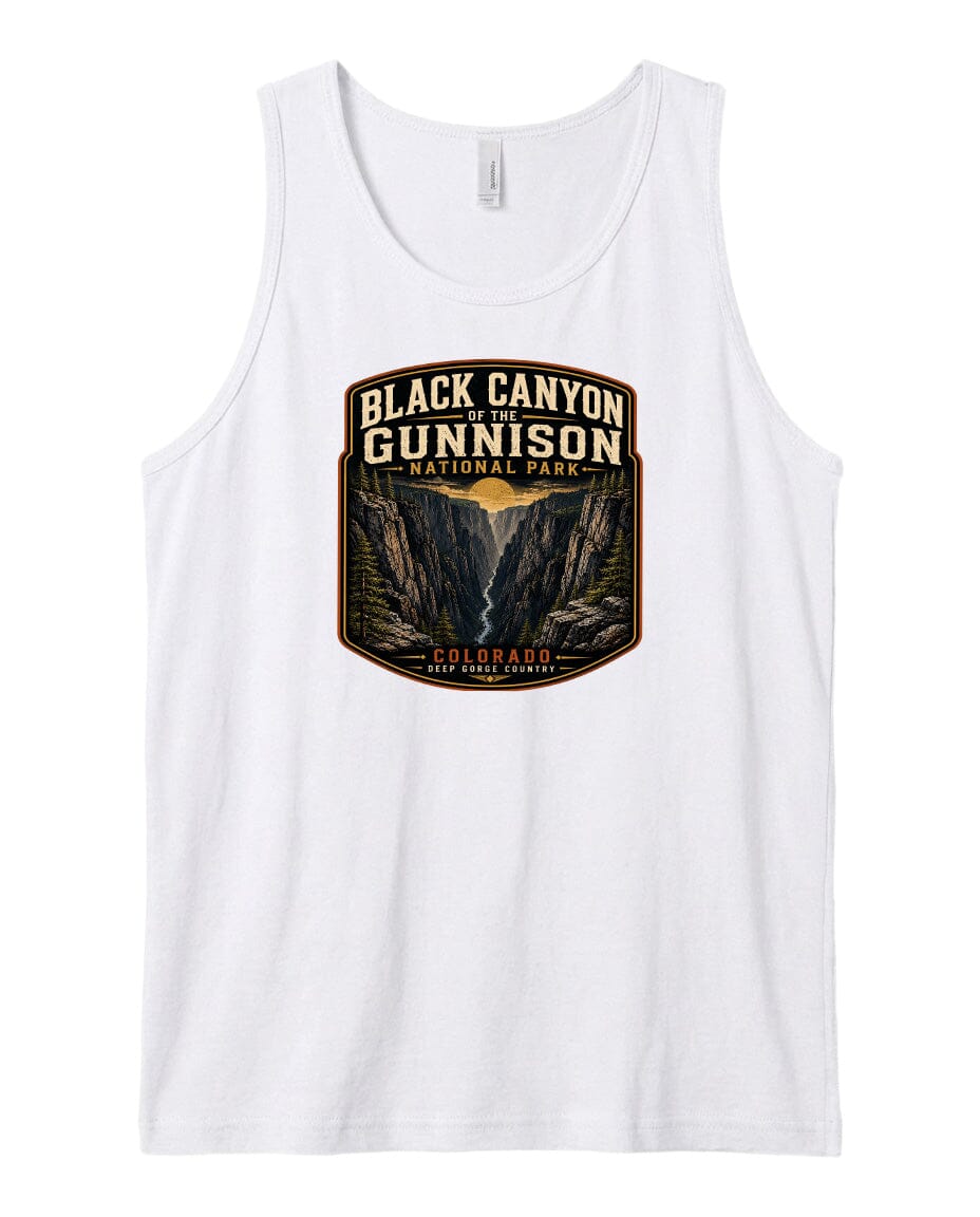 A white tank top with a graphic design depicting the Black Canyon of the Gunnison National Park in Colorado.