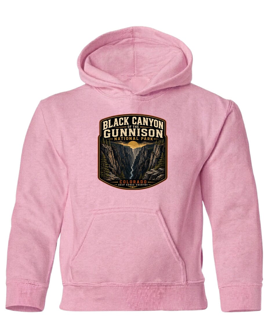 A pink hoodie with a graphic design depicting the Black Canyon of the Gunnison National Park.