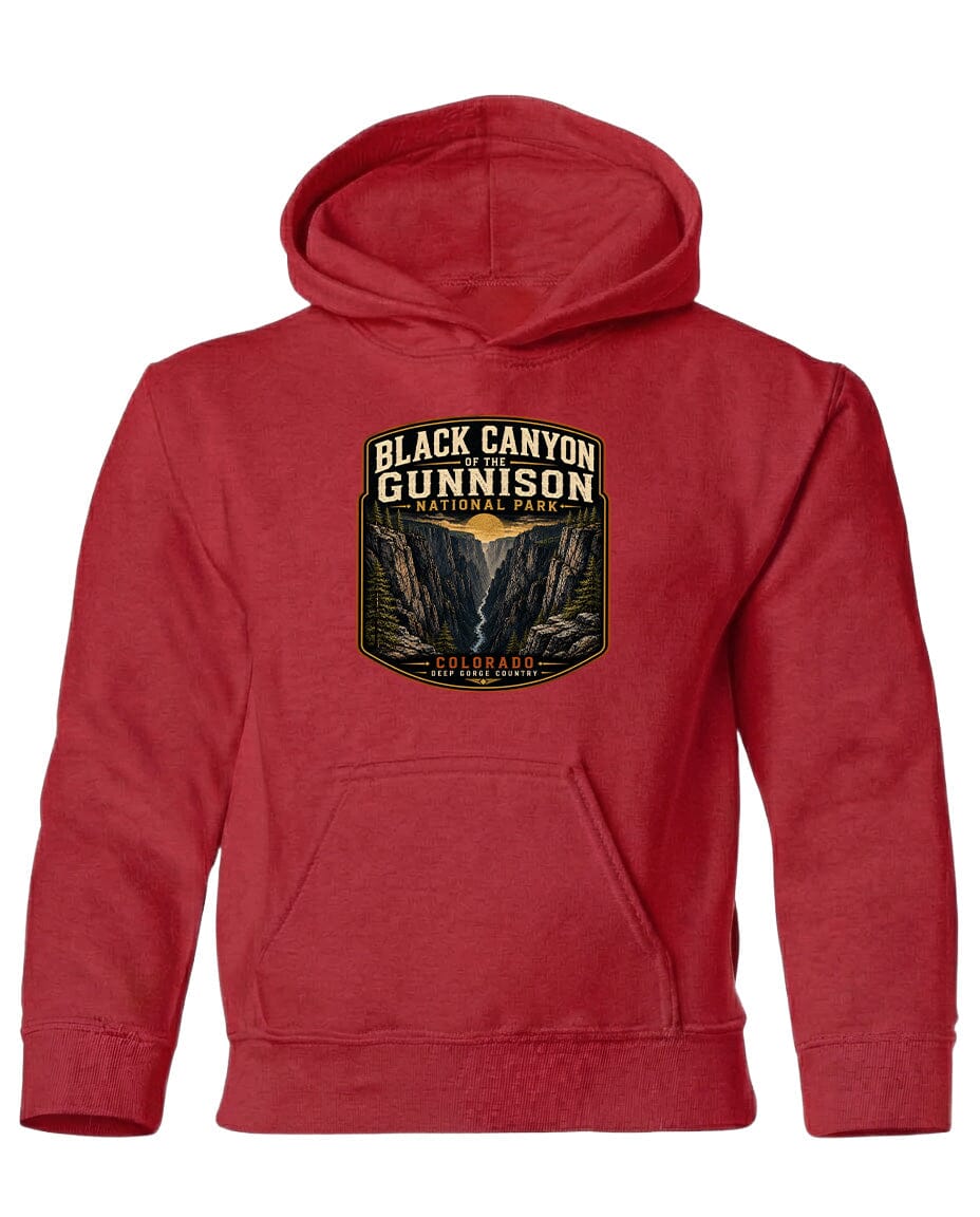 A red hooded sweatshirt with a graphic design depicting the Black Canyon of the Gunnison National Park.