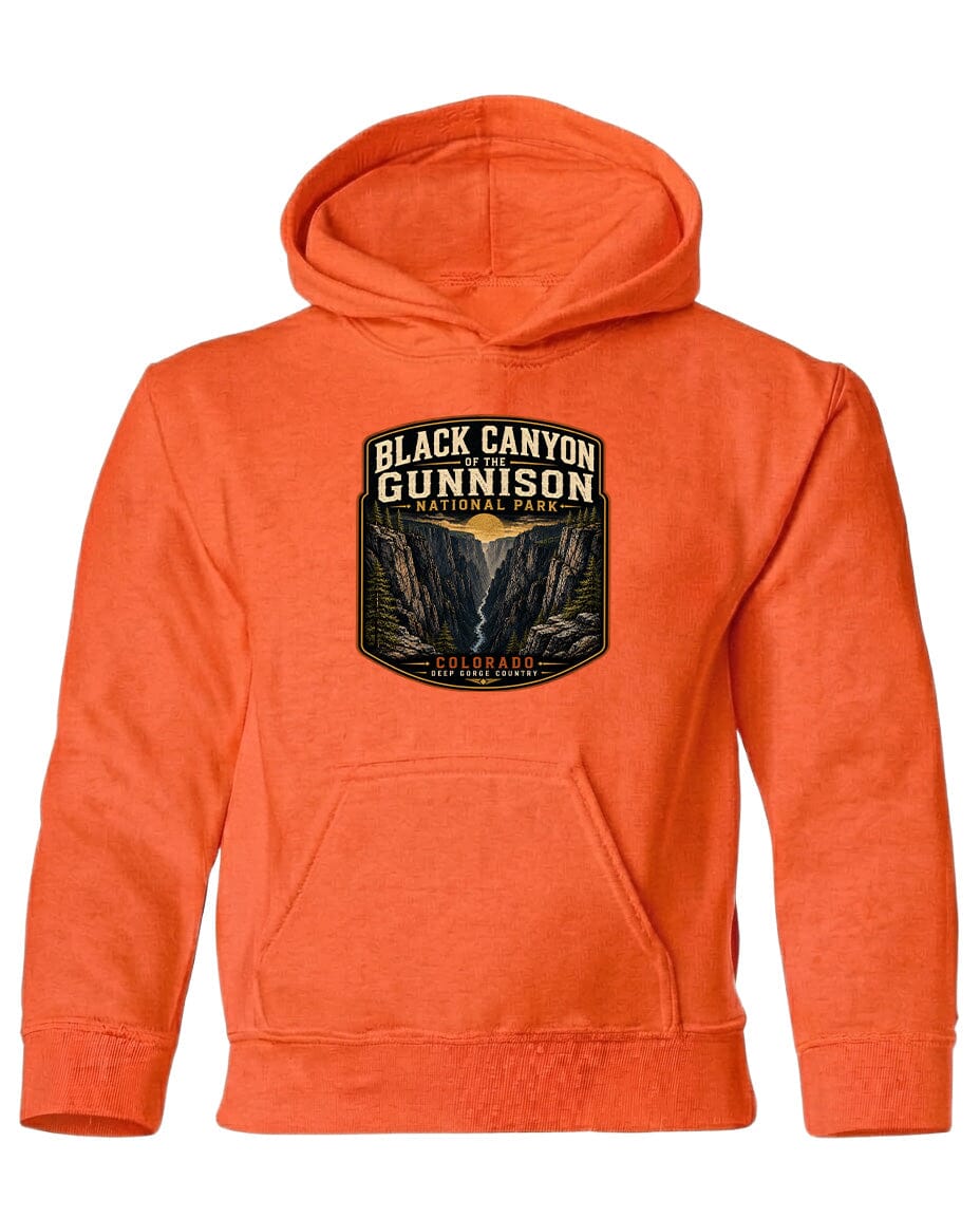 An orange hoodie with a graphic design depicting the Black Canyon of the Gunnison National Park.