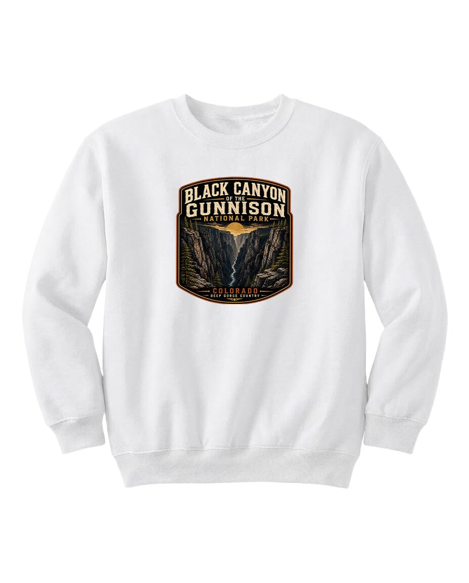 A white sweatshirt with a graphic design depicting the Black Canyon of the Gunnison National Park.