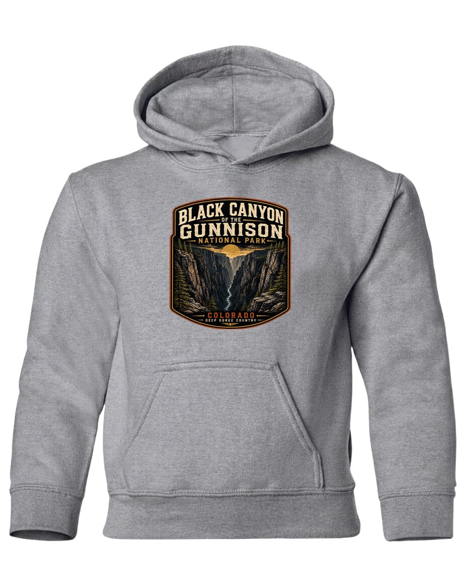 A gray hooded sweatshirt with a graphic design depicting the Black Canyon of the Gunnison National Park.