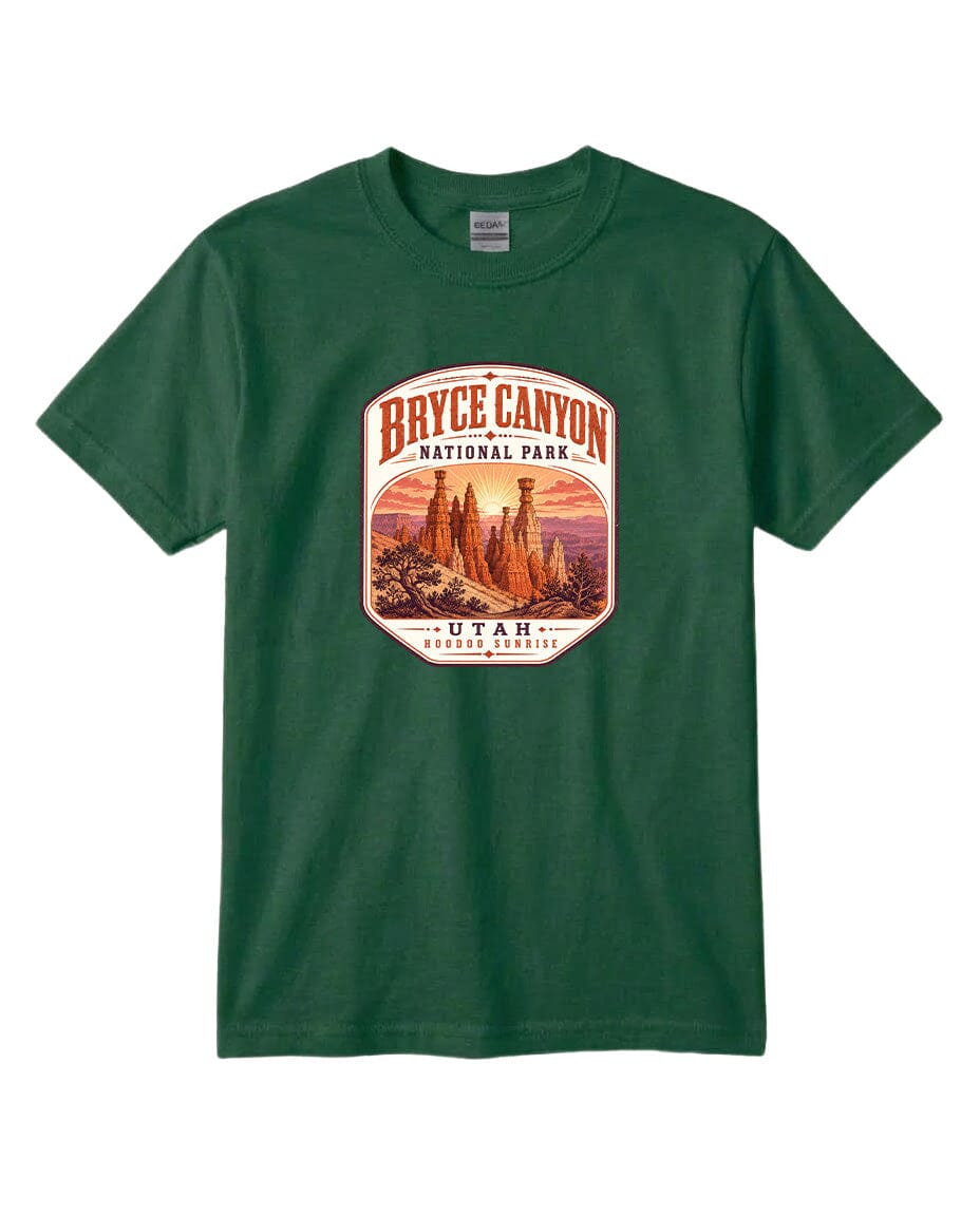 A green t-shirt with a graphic design depicting the Bryce Canyon National Park in Utah.