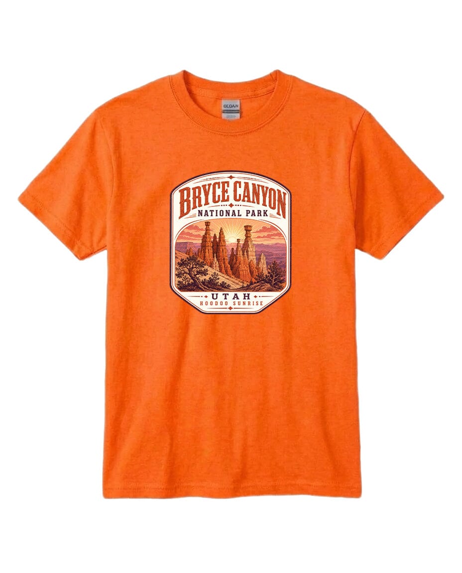 An orange t-shirt with a graphic design depicting the Bryce Canyon National Park in Utah.
