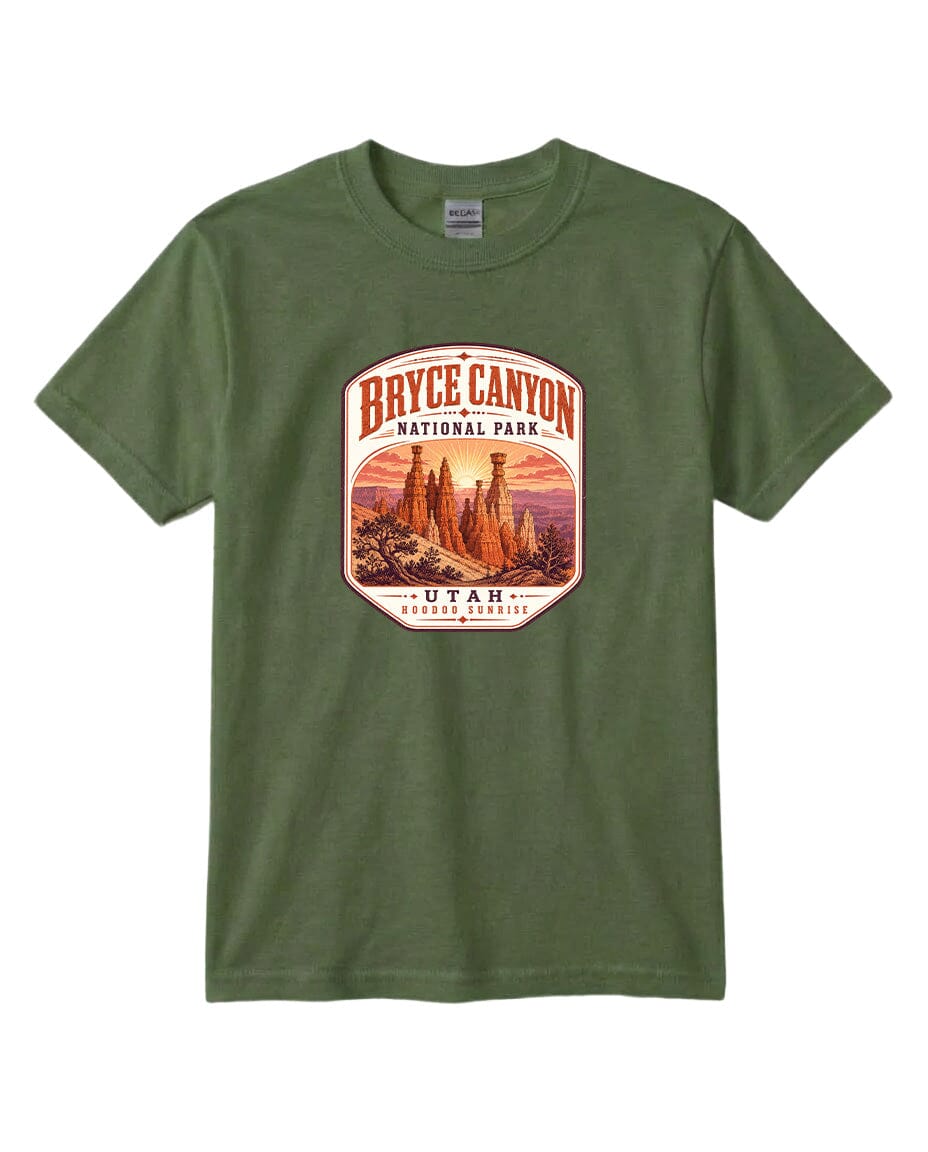 A green t-shirt with a graphic design depicting the Bryce Canyon National Park in Utah.
