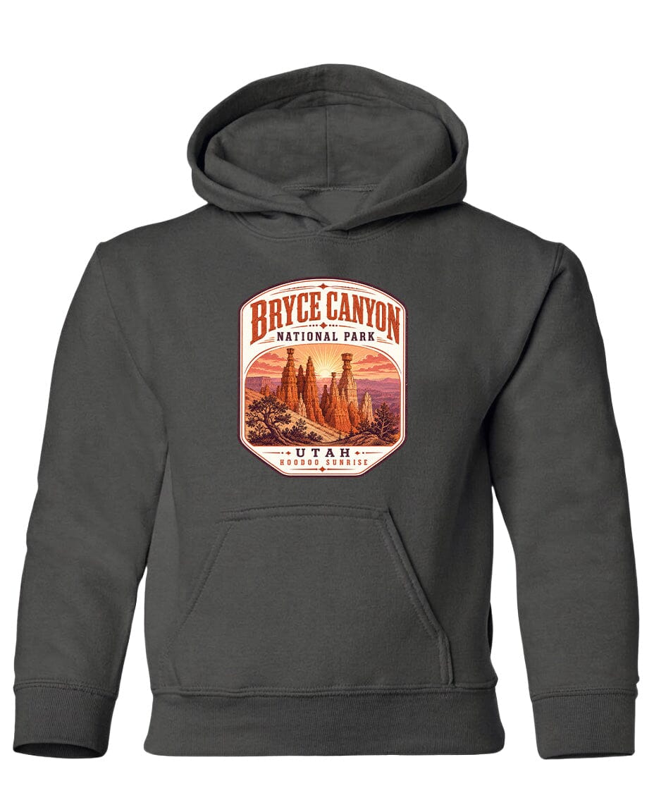 A gray hooded sweatshirt with a graphic design depicting the Bryce Canyon National Park in Utah.