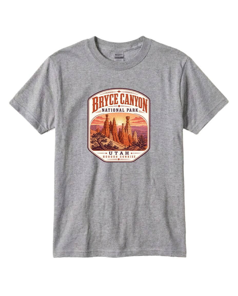 A gray t-shirt with a graphic design depicting the Bryce Canyon National Park in Utah.