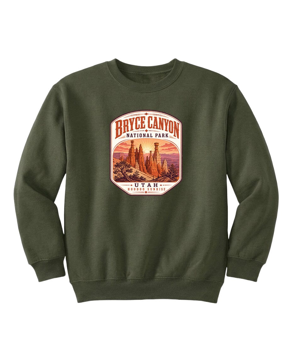 A green sweatshirt with a graphic design featuring the Bryce Canyon National Park logo.