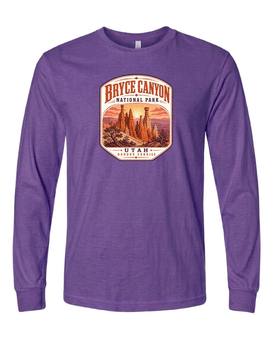A purple long-sleeved t-shirt with a graphic design depicting Bryce Canyon National Park and Utah.