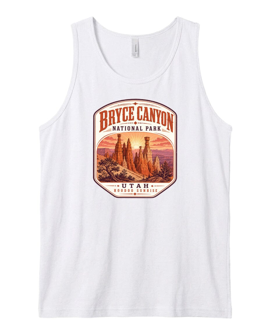 A white tank top with a graphic design depicting Bryce Canyon National Park in Utah.