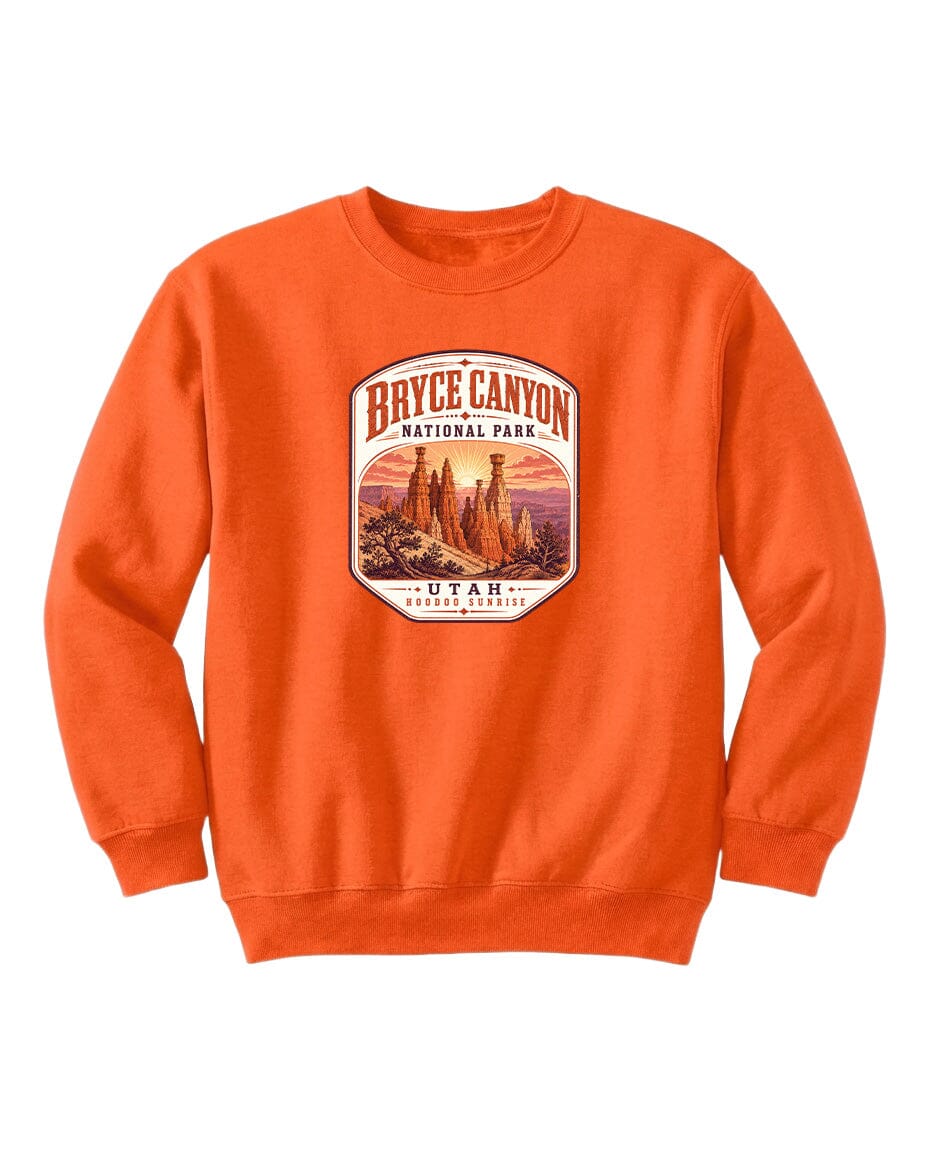 An orange sweatshirt with a graphic design depicting Bryce Canyon National Park and Utah.