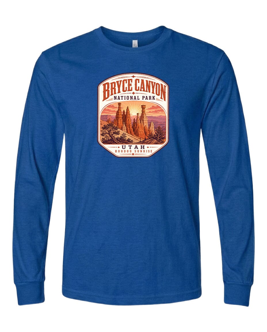 A blue long-sleeved t-shirt with a graphic design depicting the Bryce Canyon National Park in Utah.