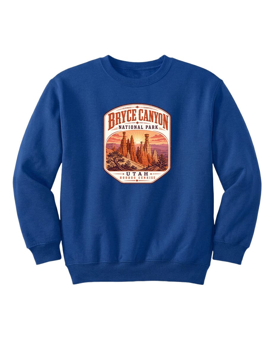 A blue sweatshirt with a graphic design depicting the Bryce Canyon National Park in Utah.