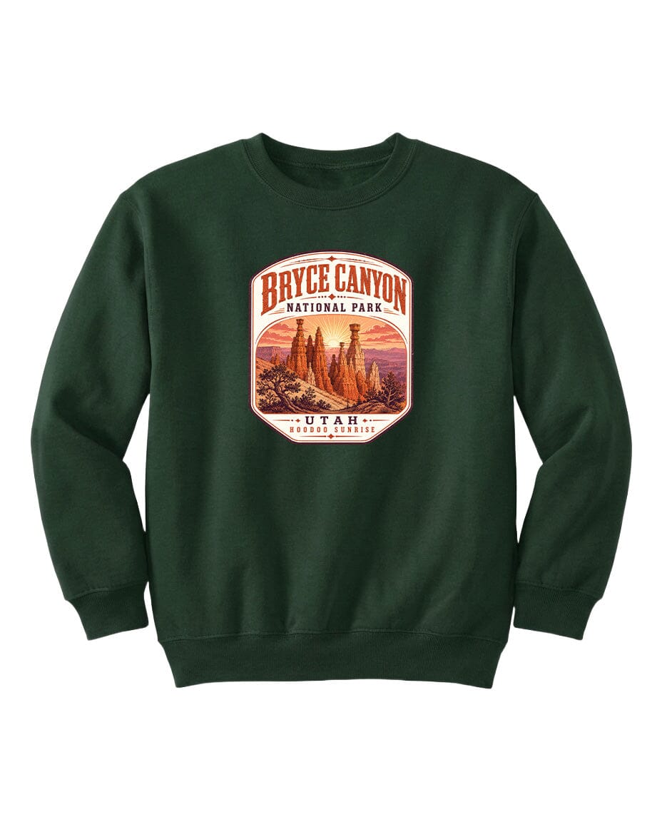 A green sweatshirt with a graphic design depicting Bryce Canyon National Park and Utah.
