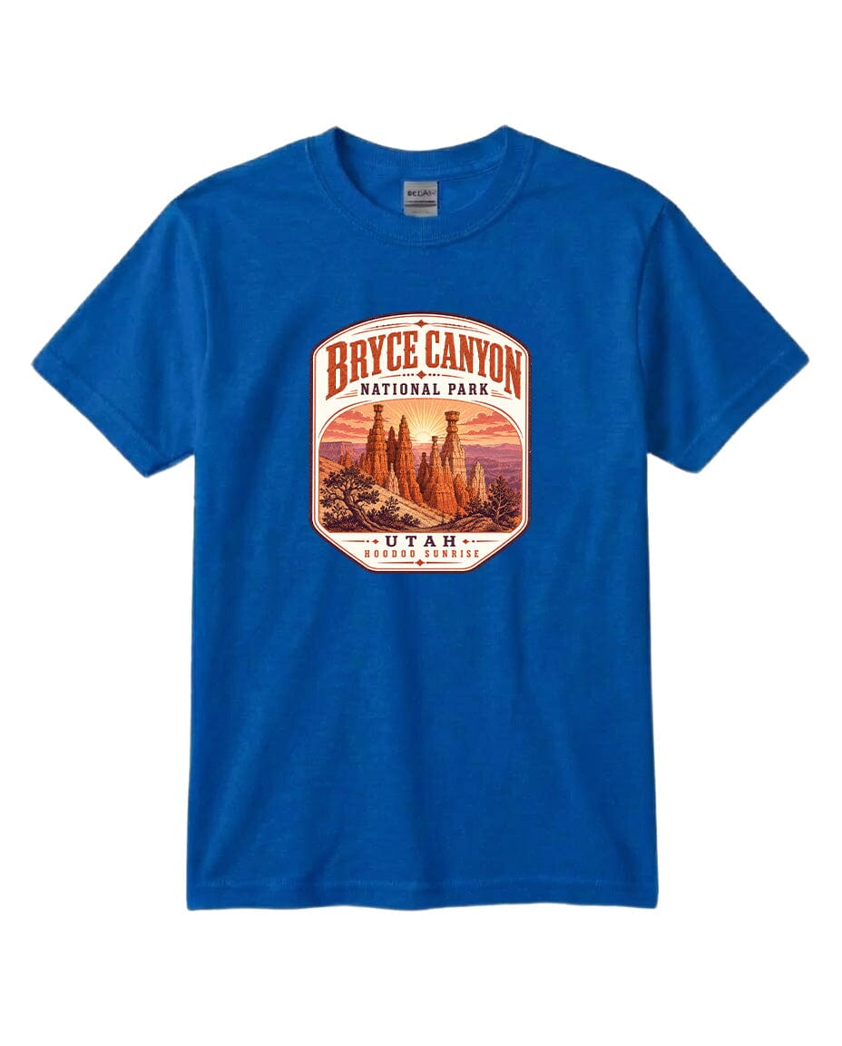 A blue t-shirt with a graphic design depicting the Bryce Canyon National Park in Utah.