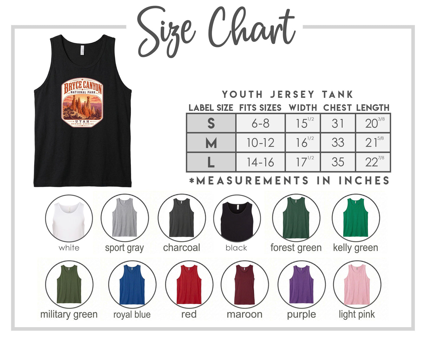 The image is a size chart for a youth jersey tank, displaying various label sizes and corresponding chest measurements.
