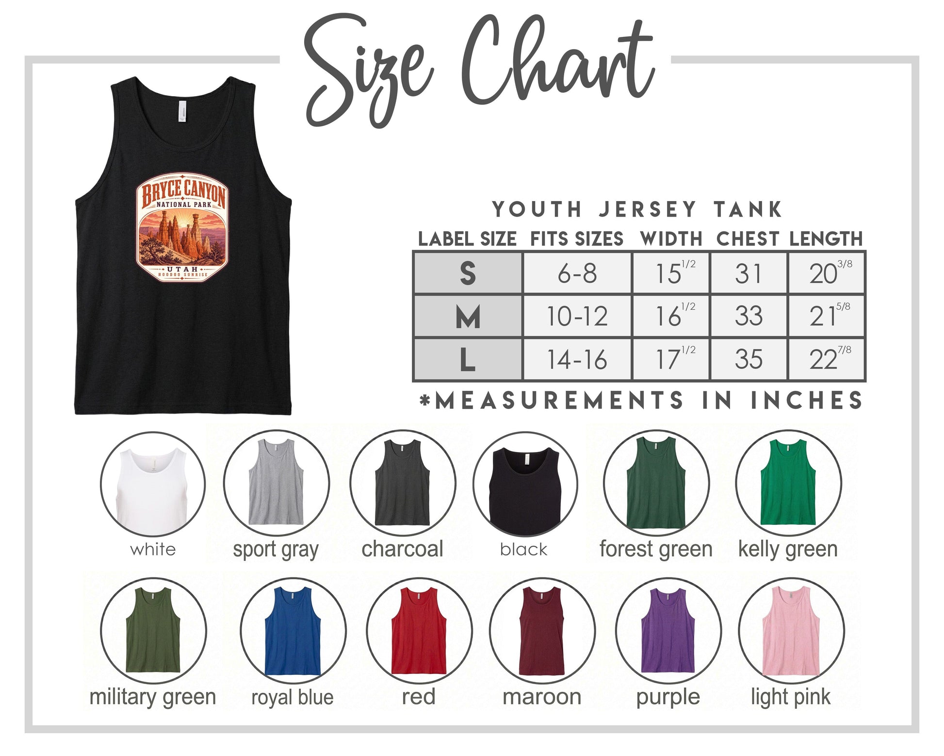 The image is a size chart for a youth jersey tank, displaying various label sizes and corresponding chest measurements.