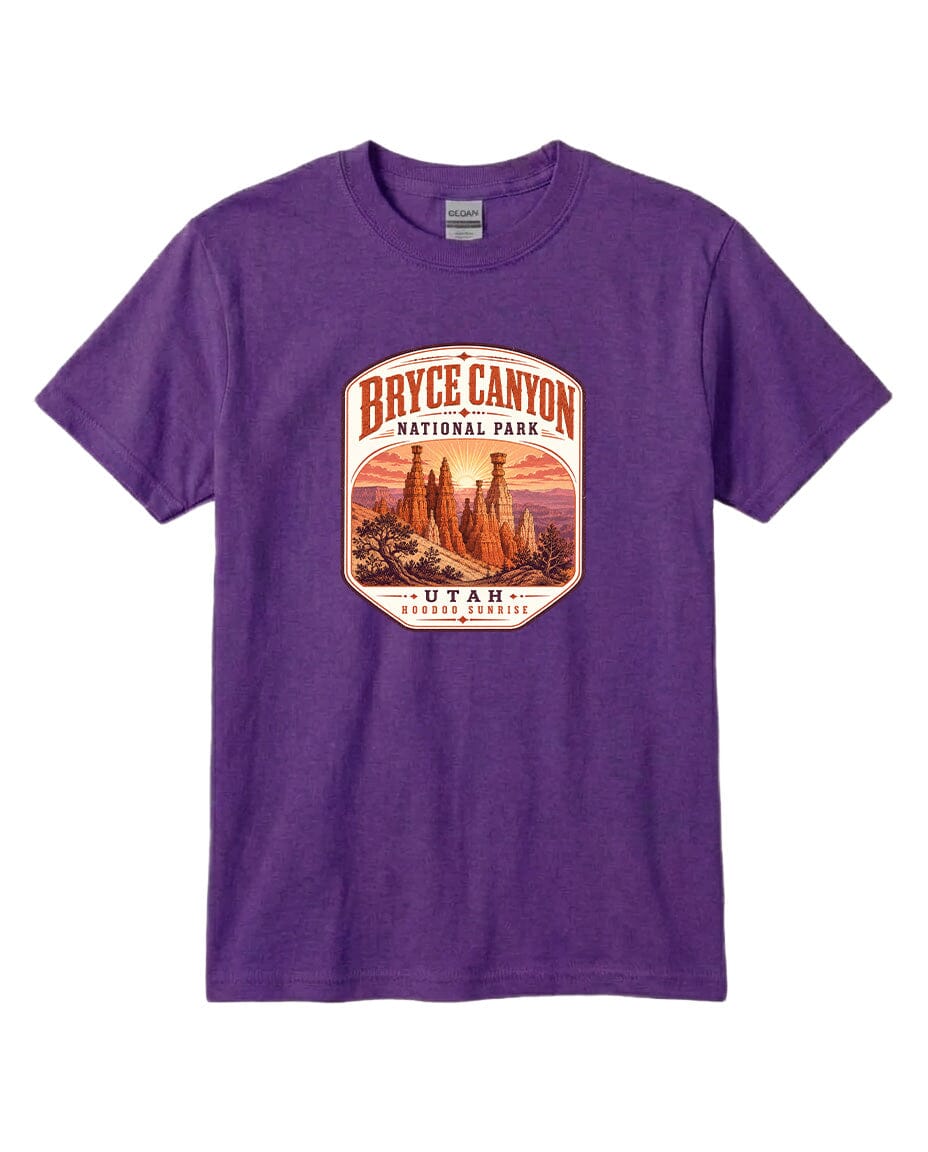 A purple t-shirt with a graphic design depicting the Bryce Canyon National Park in Utah.