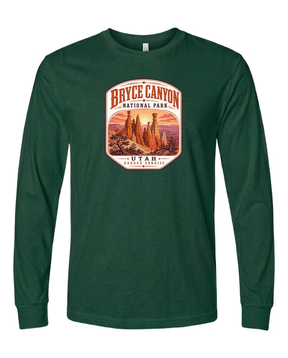 A green long-sleeved t-shirt with a graphic design depicting the Bryce Canyon National Park in Utah.