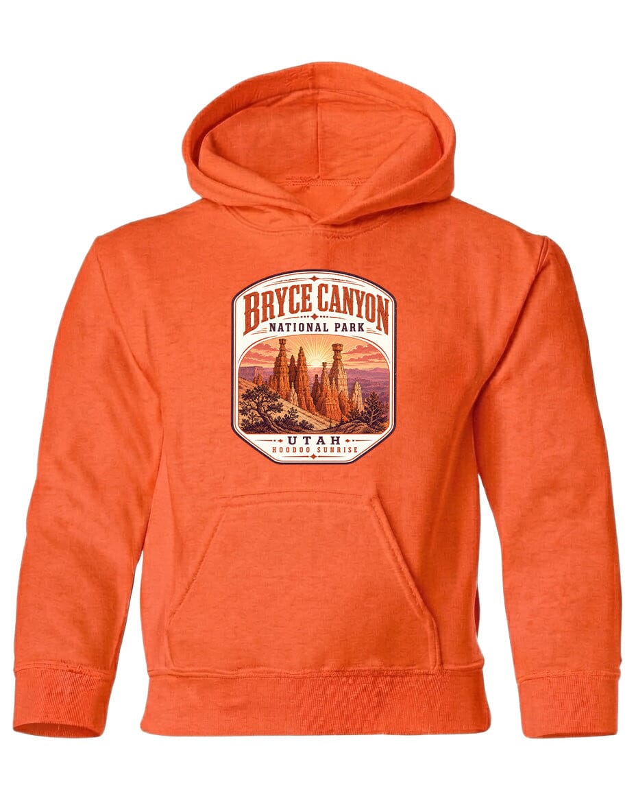 An orange hoodie with a graphic of Bryce Canyon National Park and the text "UTAH HOOKSHINE" printed on it.