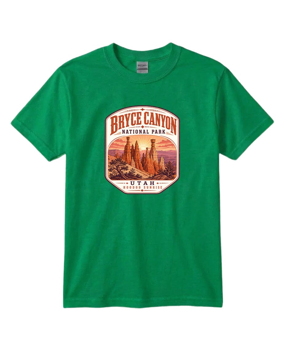A green t-shirt with a graphic design depicting the Bryce Canyon National Park in Utah.