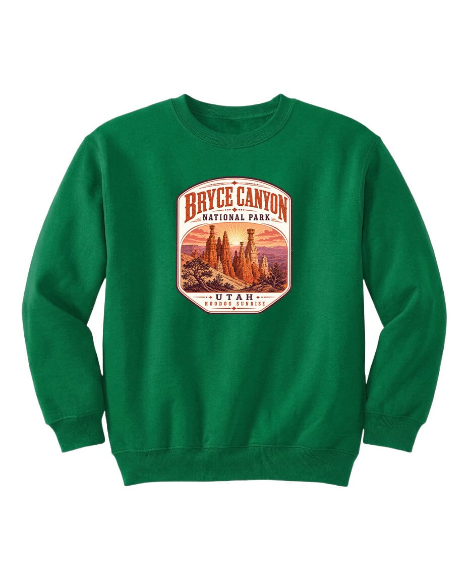 A green sweatshirt with a graphic of Bryce Canyon National Park and the text "UTAH SUNSHINE" printed on it.