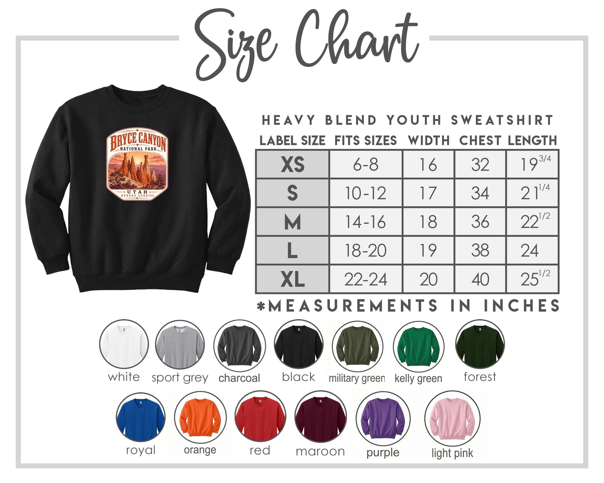 The image is a size chart for a heavy blend youth sweatshirt, including various color options and corresponding measurements in inches.