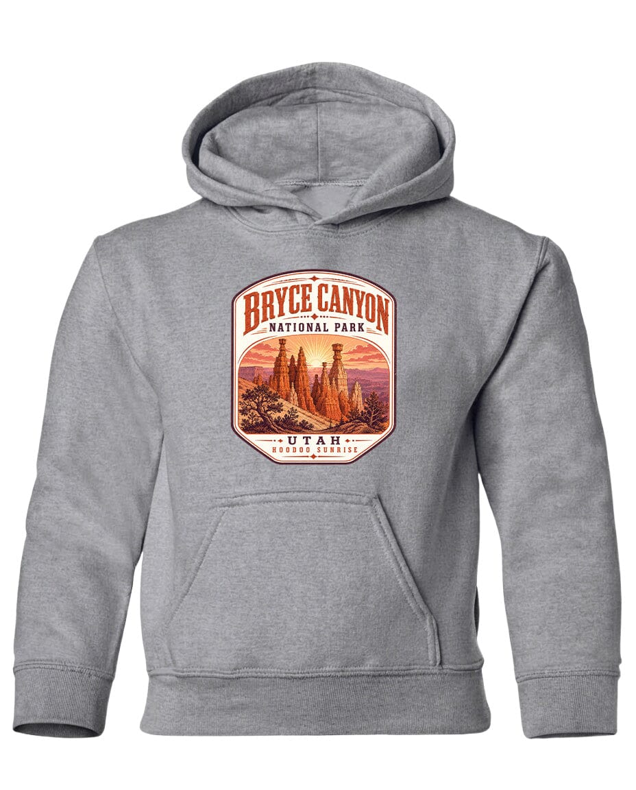 A gray hooded sweatshirt with a graphic design depicting the Bryce Canyon National Park in Utah.