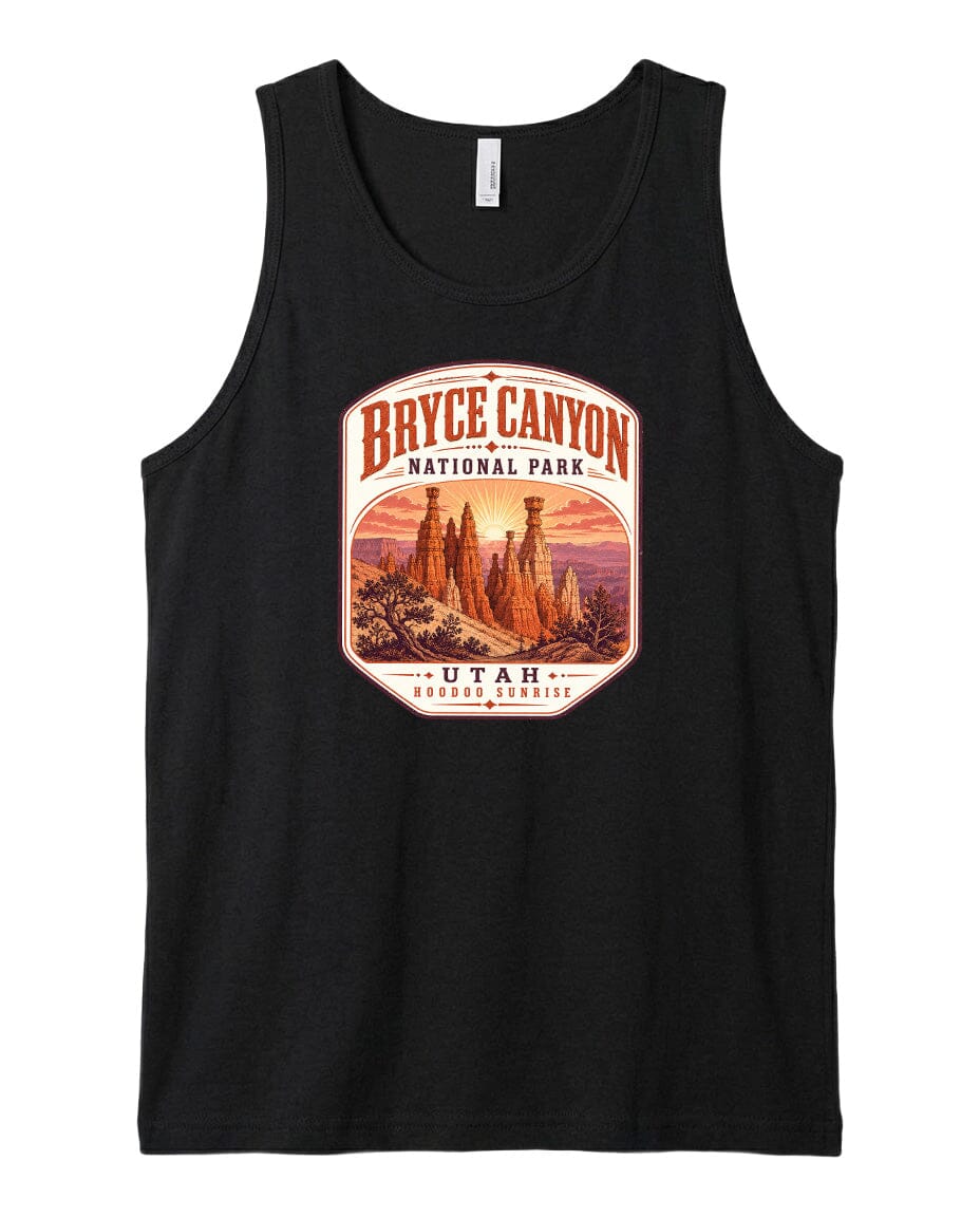 A black tank top with a graphic design depicting Bryce Canyon National Park and Utah.