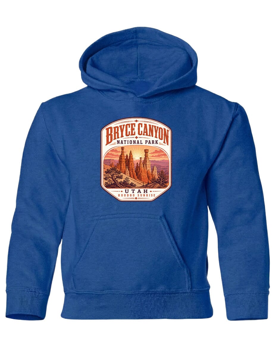 A blue hoodie with a graphic design depicting Bryce Canyon National Park and Utah.