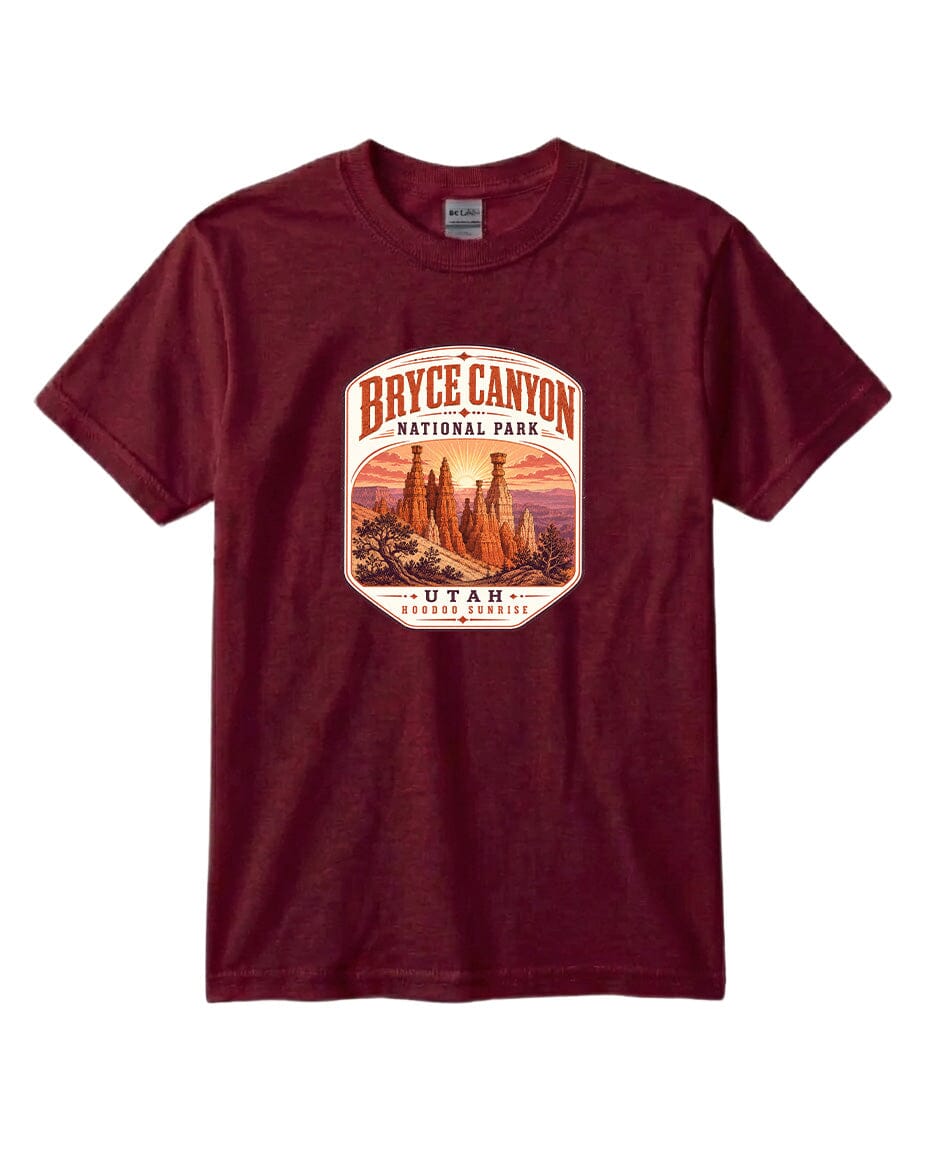 A burgundy-colored t-shirt with a graphic design depicting the Bryce Canyon National Park in Utah.