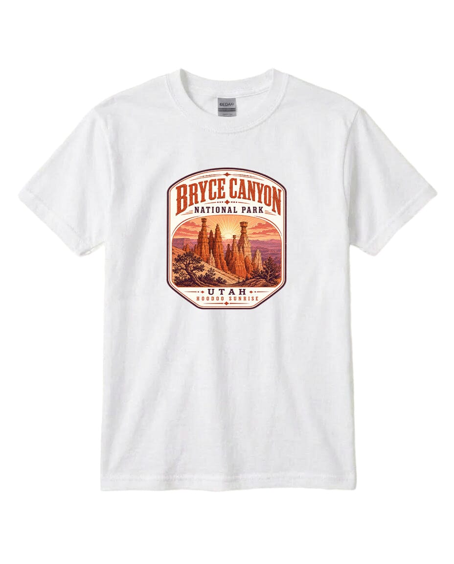 A white t-shirt with a graphic design depicting the Bryce Canyon National Park in Utah.